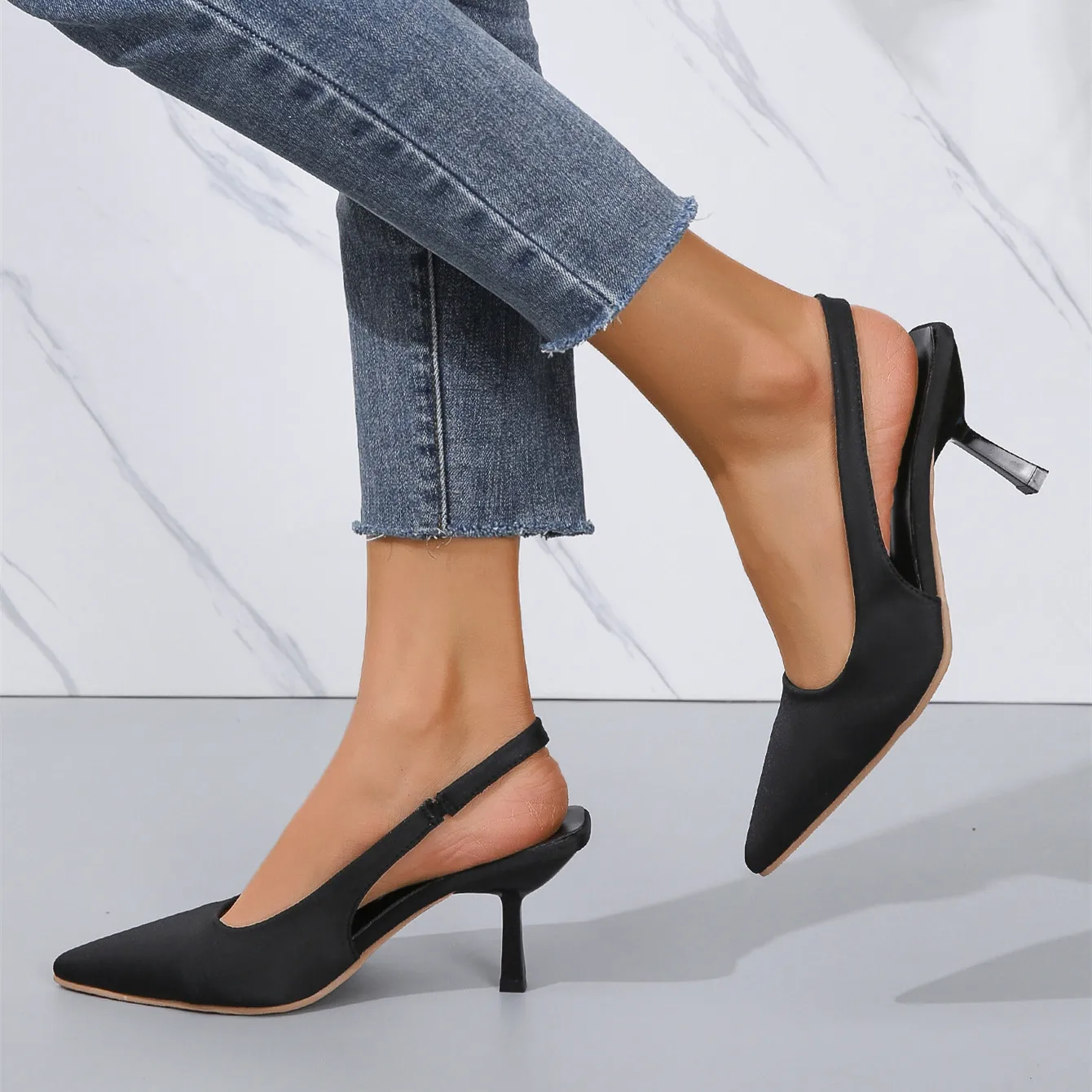 Summer Roman Black Women Sexy Slingback High Pointed Toe Ladies Kitten Heel Pumps