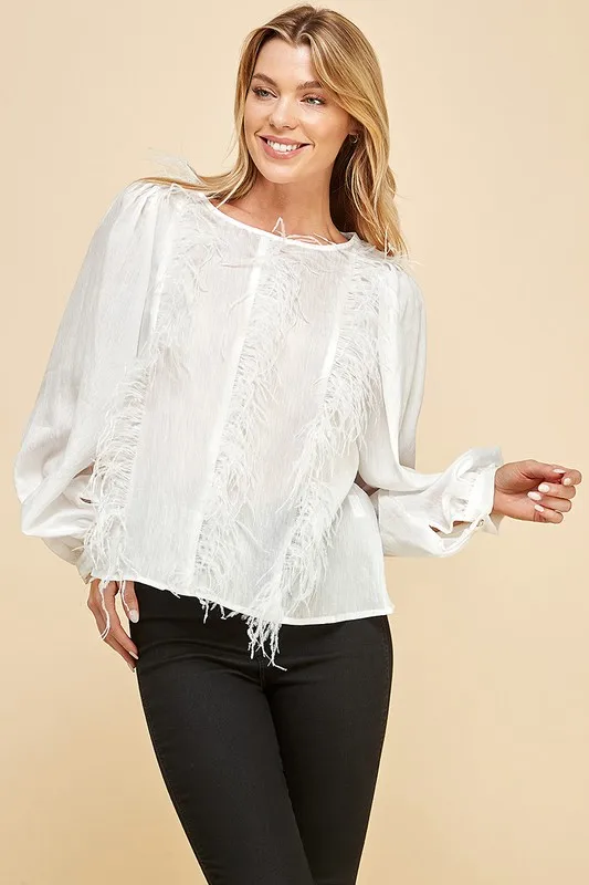 Women's White Feather - Trimmed Blouse - Lantern Sleeves, Elegant Style, Ideal For Party Gatherings
