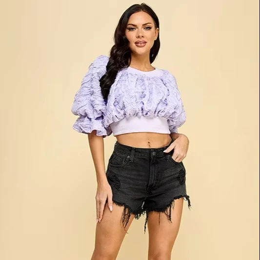 Women's Comfortable Checkered Short Top With Lace Decoration On The Inside And Frill On The Outside. Ruffled At End Of Sleeve