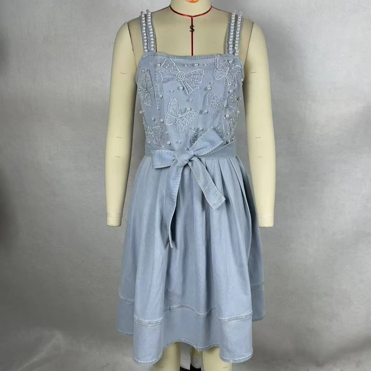 Casual Denim Off-the-shoulder Midi Skirt With Ladybug & Butterfly Motifs Pearl Buttons Light Wash For Summer Formal Style