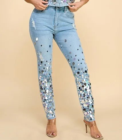 Trendy Ladies' Glitter Sequin Jeans Mid Waist Skinny Fit Y2k Hip Hop Style Denim Fabric For Summer