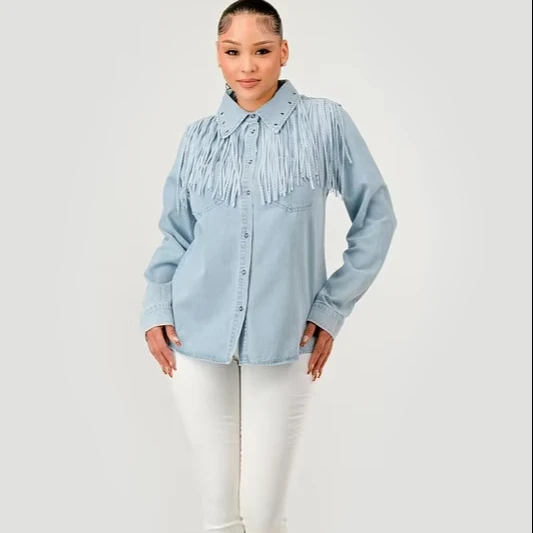Women's Vintage Style Casual Streetwear Denim Shirt With Fringe Trim Long Sleeves Button-down For Winter Season Outings