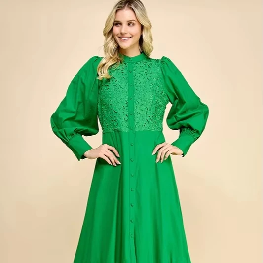 Elegant Ladies Casual Crocheted Long Dress With Lace Sweet Style And Button Decoration Washable Woven Fabric