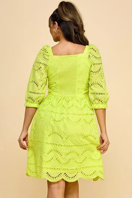 Ladies' 100% Cotton Casual Comfortable Dress With Natural Waistline Woven And Embroidered Mesh