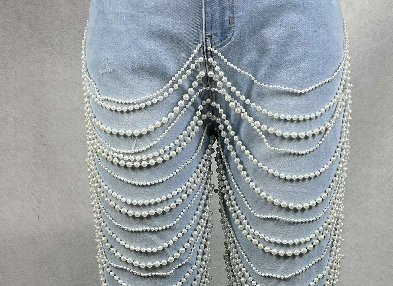 Women's Pearl Embellished Skinny Denim Flare Jeans-high Waist Layered Chain Details Vintage Style For Nightclub Outings