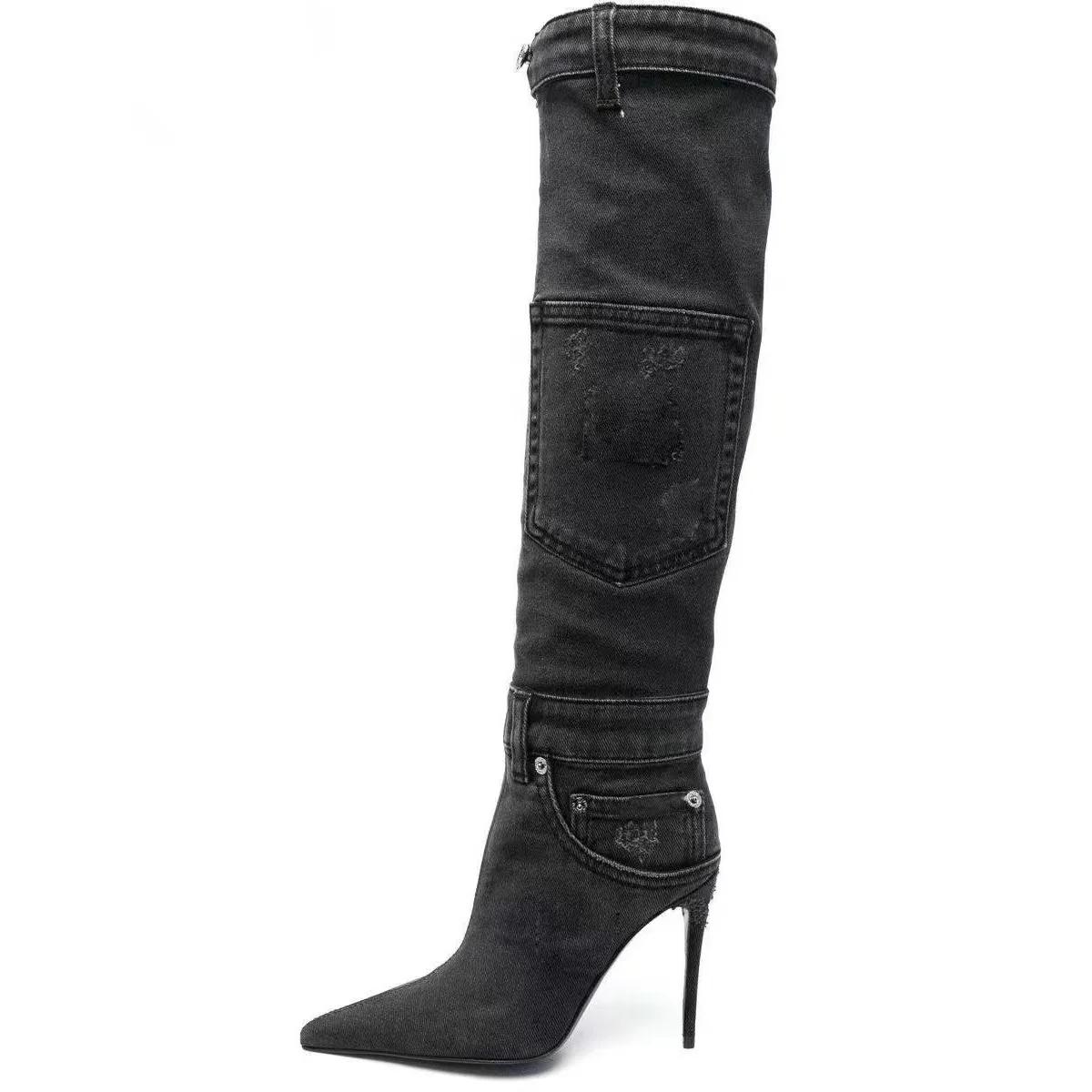 2023 Autumn Winter High Heeled Cowboy Boots Washed Pocket Sexy Party Denim Women Over The Knee High Boots