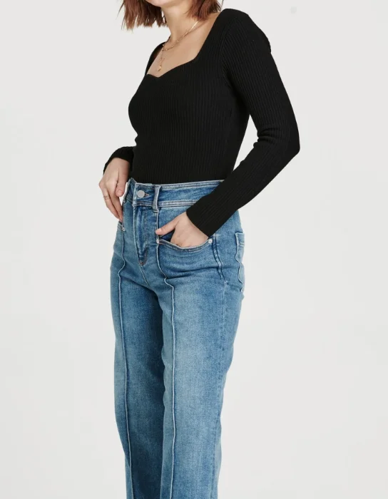 Women's Black Sweater Long-sleeved Top-rib Weave Heart-shaped Collar, Slim Fit, Suitable For Casual Going Out, Daily Wear