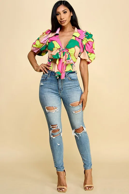 Women's Sexy Floral Summer Spring Short Sleeve Blouse-vibrant Color Puff Sleeves Tie-front For Casual Wear