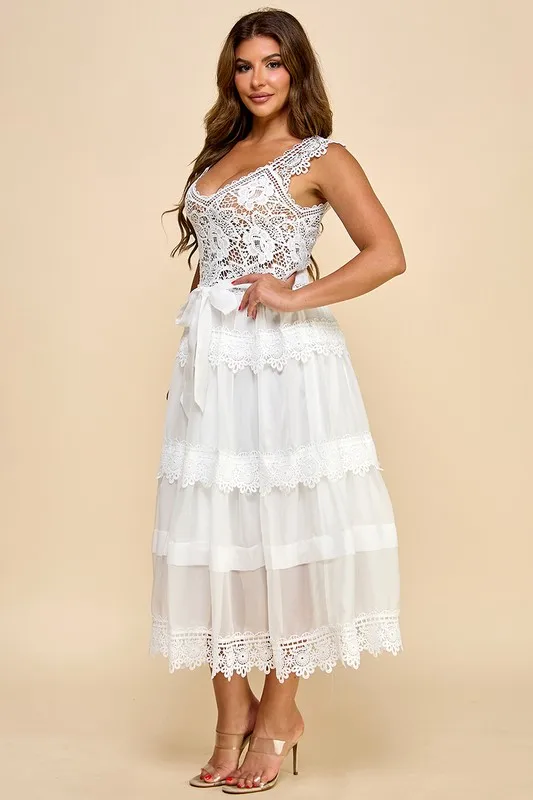 Women's Crochet Lace Maxi Dress With Solid Pattern Tiered Skirt And Tie Waist Boho Chic Style For Autumn Season