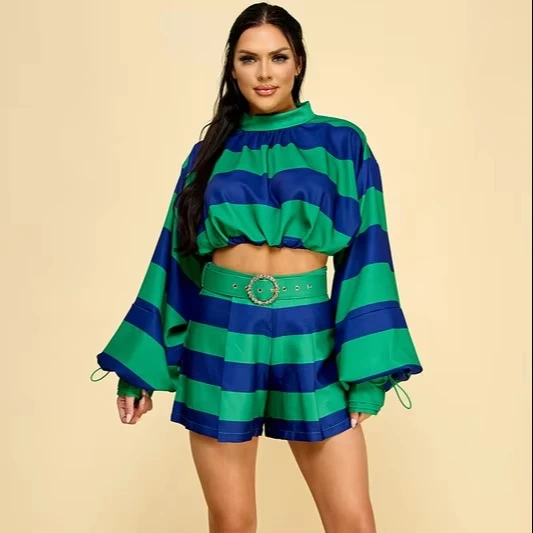 Women's Casual Striped Leisure Suit With Short Top And Stand Collar Featuring Decorative Belt