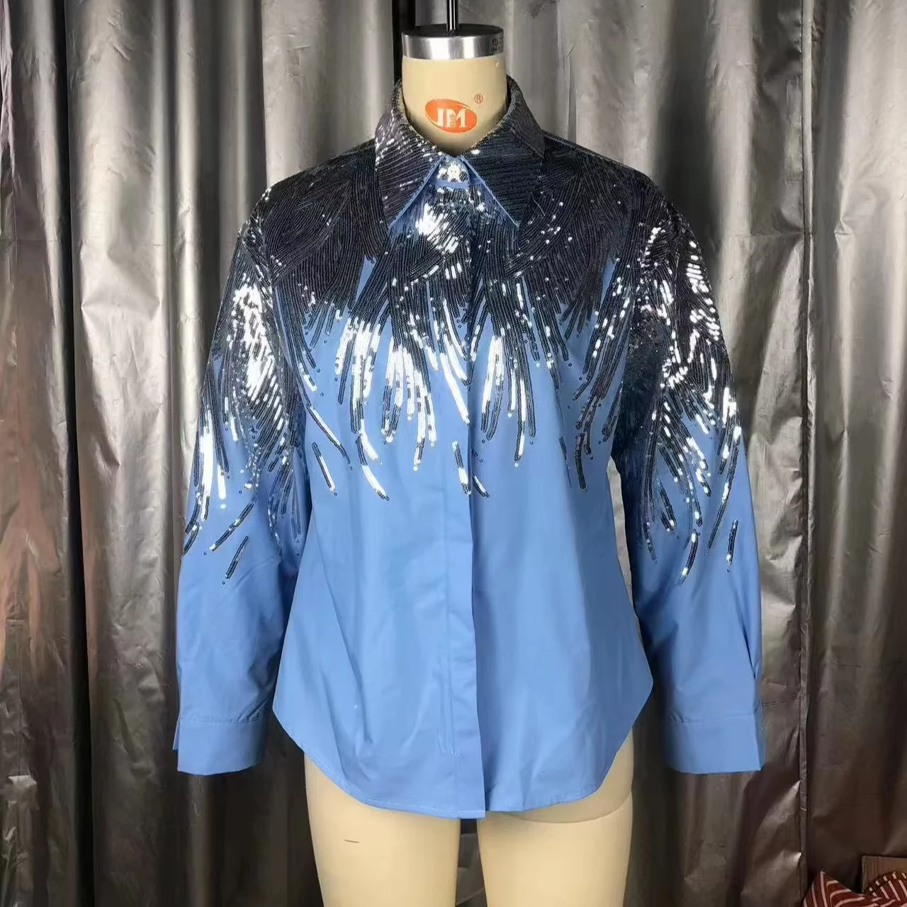 Ladies' Loose Summer Woven Sequin Embroidery Fashion Shirt