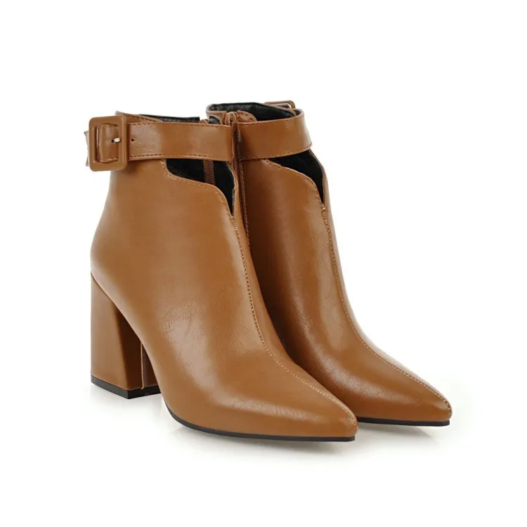 Ladies Brown Leather Elegant Pointed Toe Big Size Buckle Strap V-cut Opening Zipper High Heels Ankle Boots