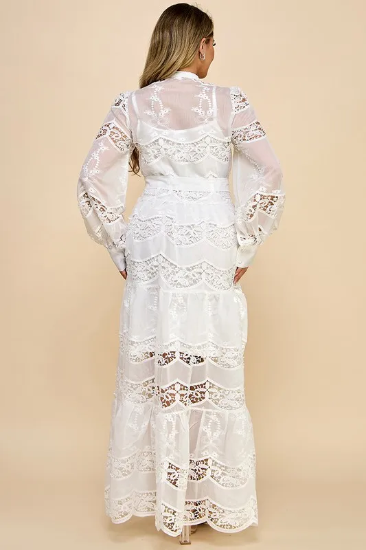 Ladies White Lace Dress With Perspective Lantern Sleeves Lace Waist Button Decoration Sweet Style For Commuting Shopping Travel