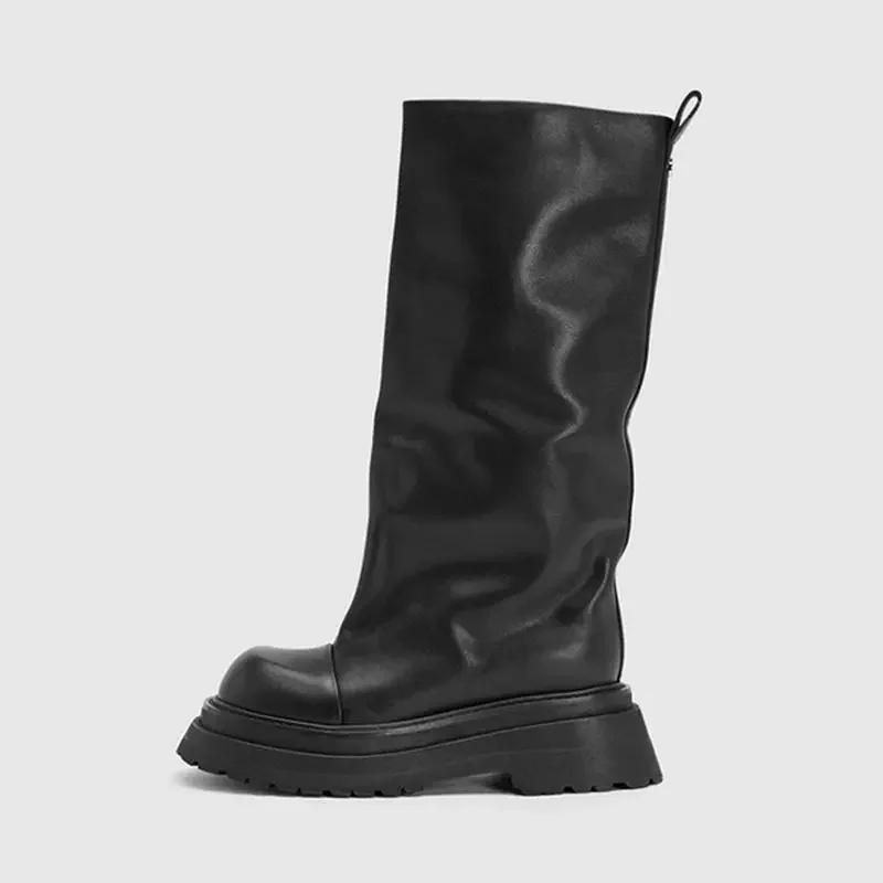 2024 High Platform Long Boots Fashion Black Leather Wide Calf 6cm Thick Sole Women Loose Chunky Knee High Boot