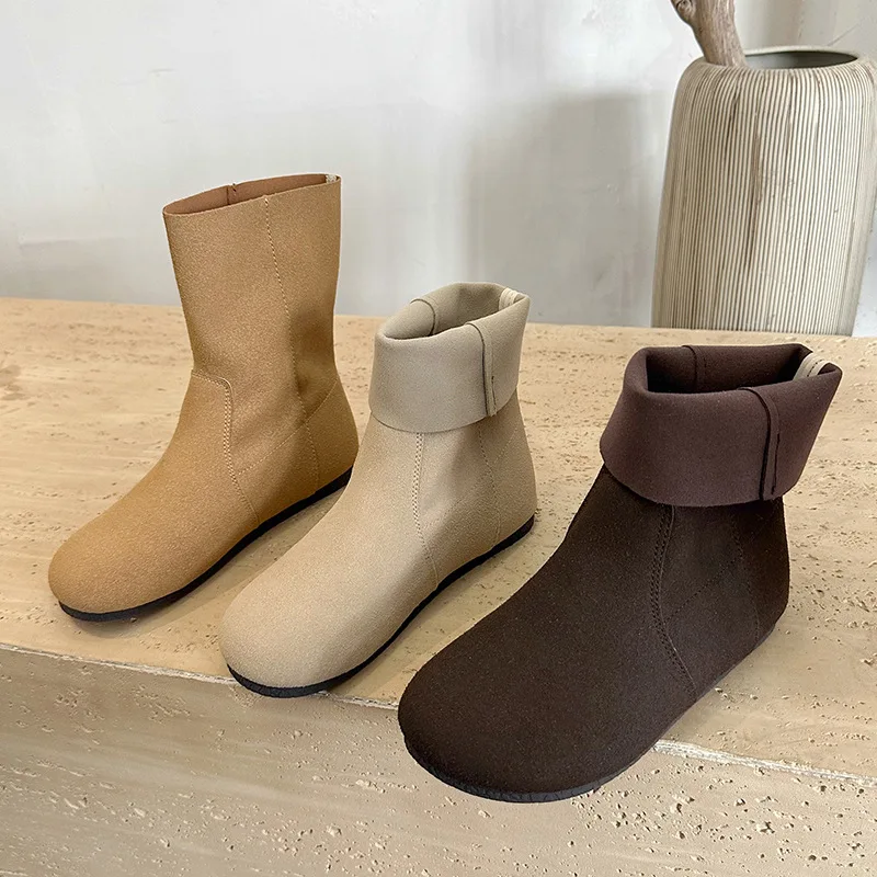 2024 Winter Cowhide Round Toe Boots Vintage Leather Loose Flat Heel Women Western Ankle Boots