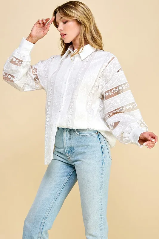 Women's Button-down Blouse With Sheer Lace Panel & Long Puff Sleeves Casual Outings Perfect Shirt