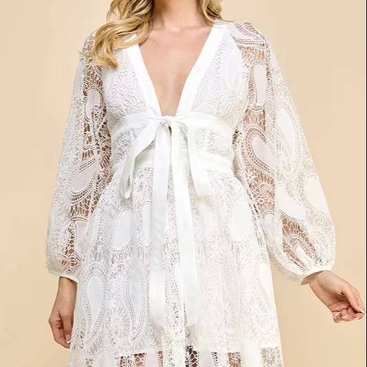 Women's Sweet Style Mini Dress With Lace Belt Bubble Sleeve And Deep V Perspective Solid Woven For Parties