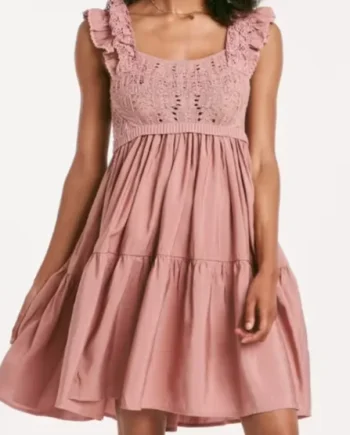 Women's Pink Sweater Stitching Comb Layered Dress-ruffled Shoulder Strap, Square Collar, Suitable For Casual Going Out