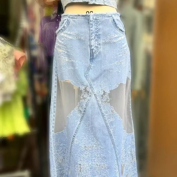 Ladies A-line Denim Bust Dress Asymmetric Flower Burning Process Cute Streetwear Button Waist For Summer Spring Autumn Party