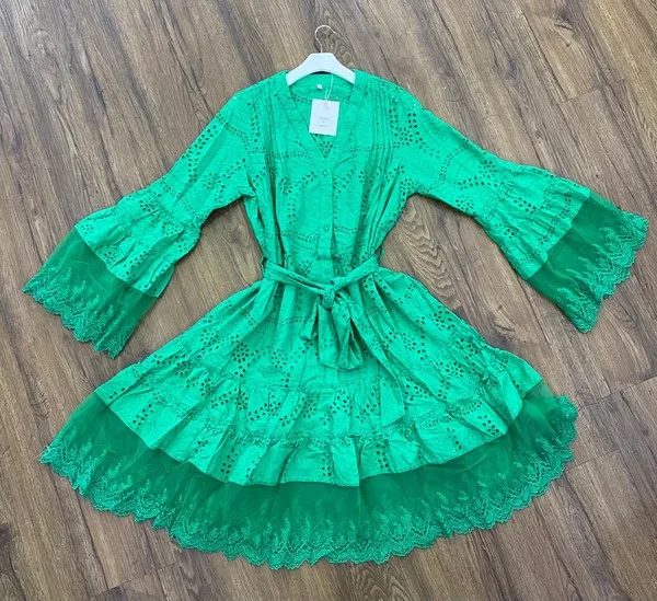 Women's Knee-length Gown 100% Cotton Mesh Sleeves And Bottom Lace Drawstring For Shopping