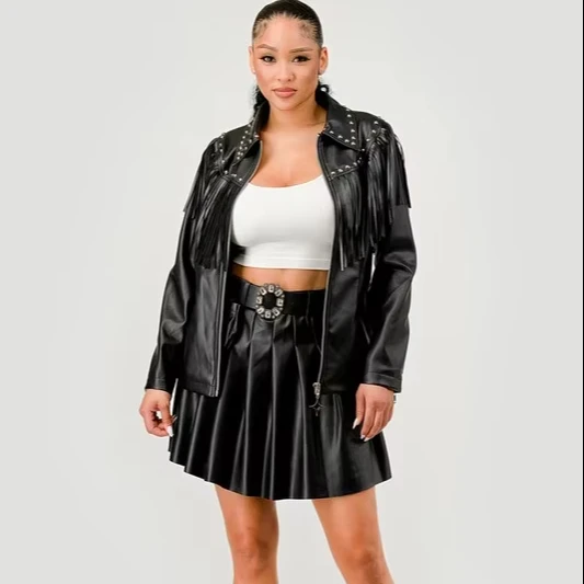 Women's Pu Leather Above-knee Skirt Suit Jacket Autumn Sweet Style Tassel Metal Buckle Trim Zipper Removable Pocket Side Belt