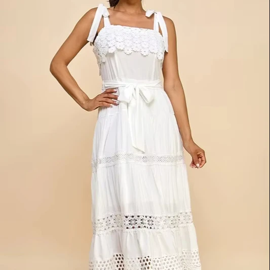 Women's Boho Chic Tie Strap Crochet Dress With Hollow Out Embroidery And Tiered Skirt Sweet Style And Woven Lace Decoration