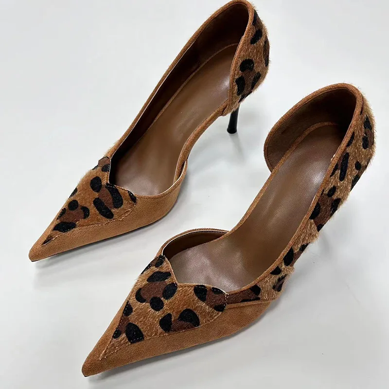 2024 Closed Women Latest Pointed Toe Stiletto Pumps Leopard Pattern Shoes Animal Prints Maillard Ladies Nice High Heel Shoe