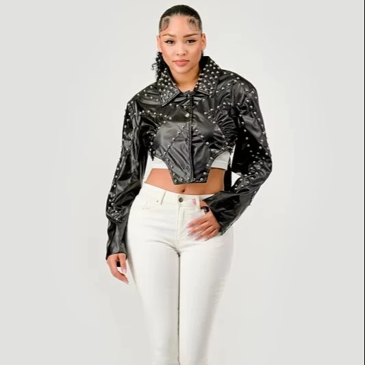 Women's Fashion Pu Leather Jacket Rivet Design Button Decorated Style For Shopping Parties Music Festivals-inspired Spice Girls