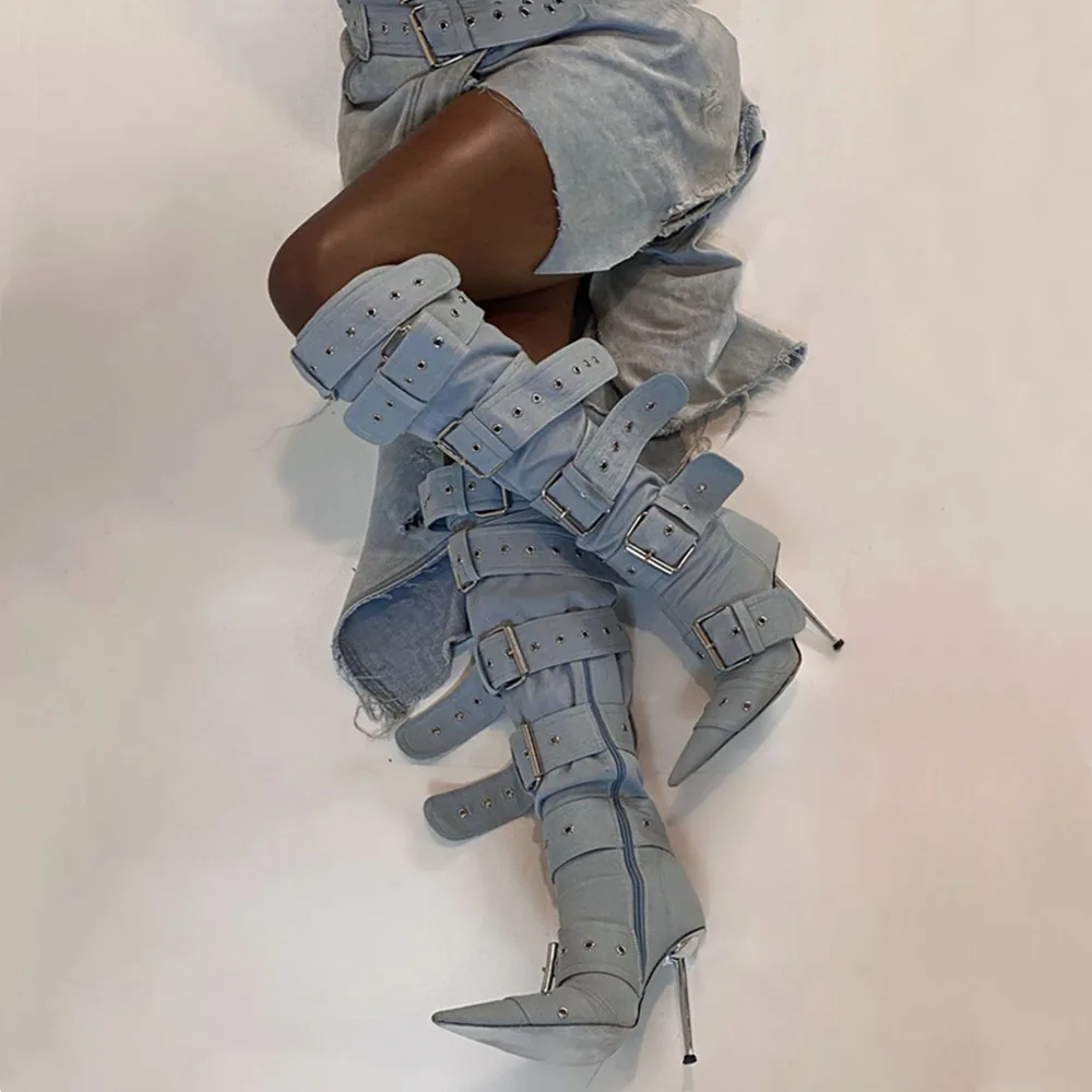 Female Winter Long Boot Big Size Special Metal Heel Buckle Strap Thigh High Boots Women Over-the-knee