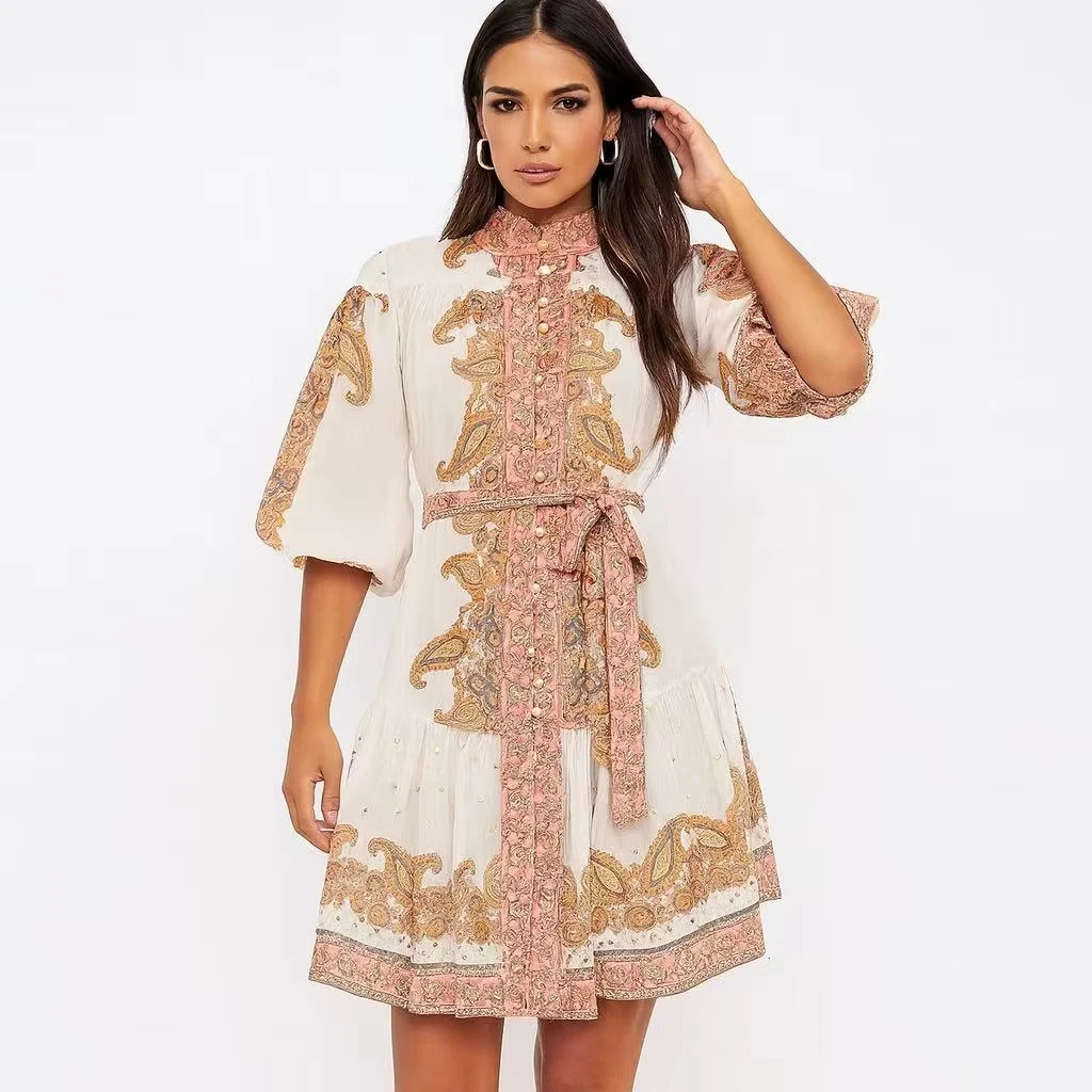 Lady's Floral Printed Short Dress Natural Waist Button Decoration Woven Digital Printing-for Vacation Casual Outings Shopping