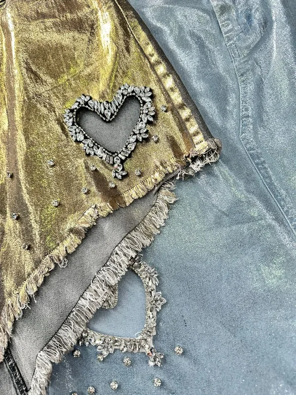 Women's Casual Style Burr Denim Skirt With Gold Silver Gilding Love Hollow Design For Street Fashion Activities Waist Logo