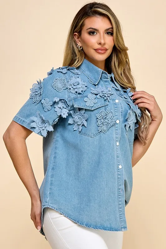 Ladies' Floral Fashion Denim Short-sleeve Shirt