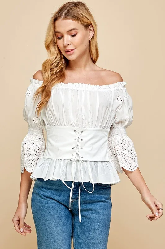 Women's White Off - Shoulder Eyelet Top With Corset - Puff Sleeves, Ruffled Hem, Ideal For Party Gatherings