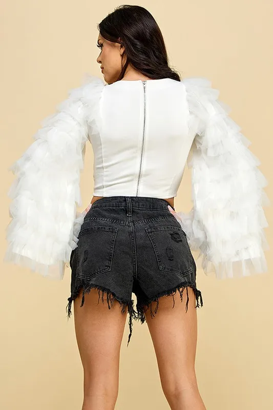 Women's White Tulle - Ruffled Crop Top With Bow - Flared Sleeves, Elegant Style, Ideal For Party Gatherings
