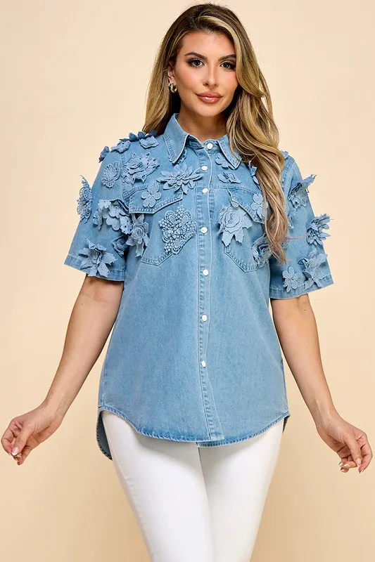Ladies' Floral Fashion Denim Short-sleeve Shirt