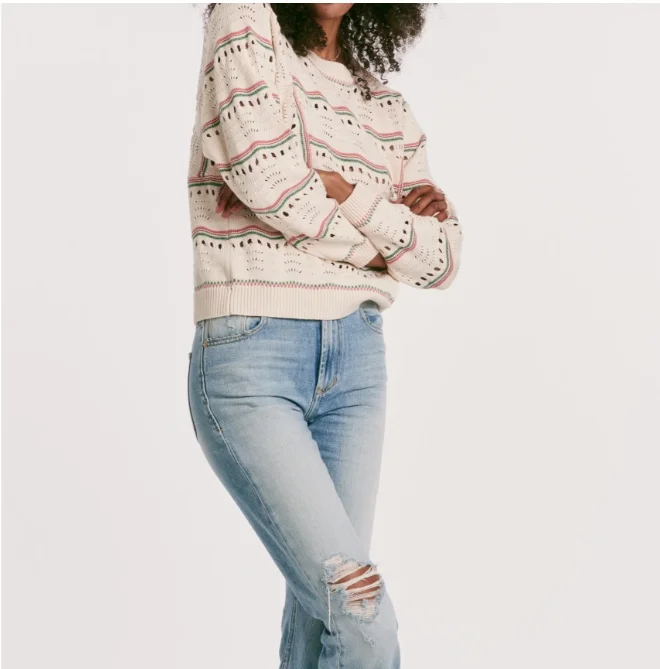 Women's Cream Openwork Knit Sweater With Colorful Stripes - Round Neck, Ideal For Casual Outings