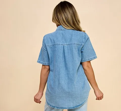 Women's Short Sleeve Denim Shirt With Star Mesh & Diamond Hollow Design Button Decoration For Music Festival Summer Style