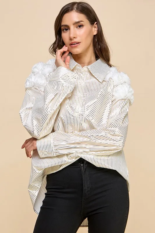Ladies Striped Shirt With Floral Shoulder Decorations