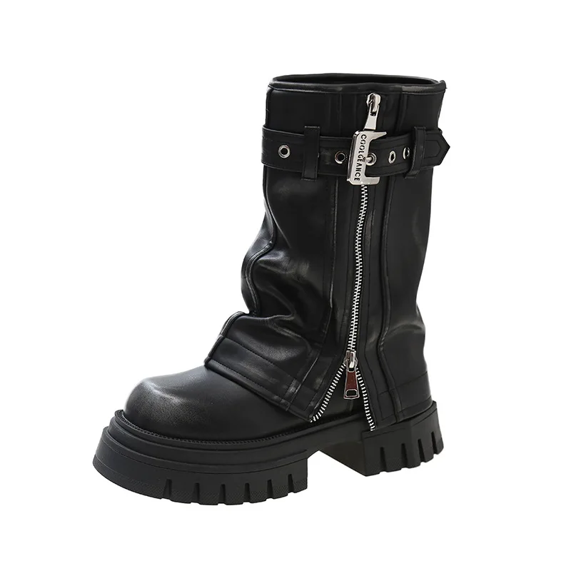 Fashion Thick Sole Widen Shaft Black Short Boots Double Zippers Distressed Black Women Western Mid-calf Boots