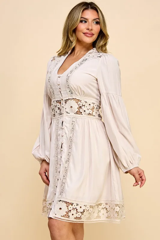 Women's Popular Bohemian Style Dress Lantern Sleeve V-neck Lace Hollow Stitching Single-breasted Midi Dress