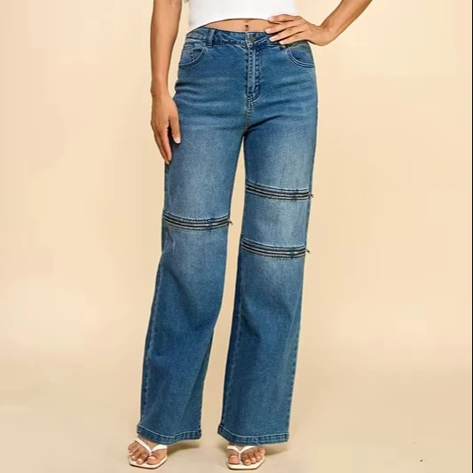 Ladies' Loose-fitting Multi-zip Casual Jeans Simple Pencil Pants Style High-waist Denim Fabric Washed Technique For All Seasons