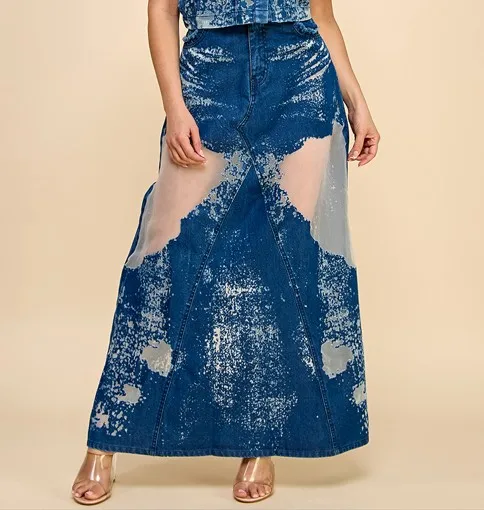 Elegant Avant-garde Burning Flower Denim Long Skirt For Women Ladies Skirt