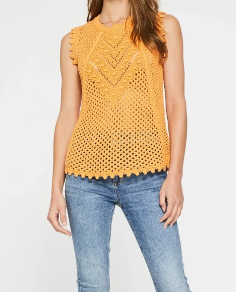 Women's Bright Yellow Ribbed Knit Sleeveless Top With Ruffle Trim - Openwork, Scalloped Edges, Ideal For Casual Outings