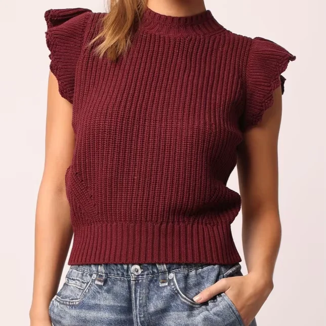 Women's Burgundy Knit Sweater Top With Ruffled Sleeves Semi-high Collar Pattern And For Daily Wear