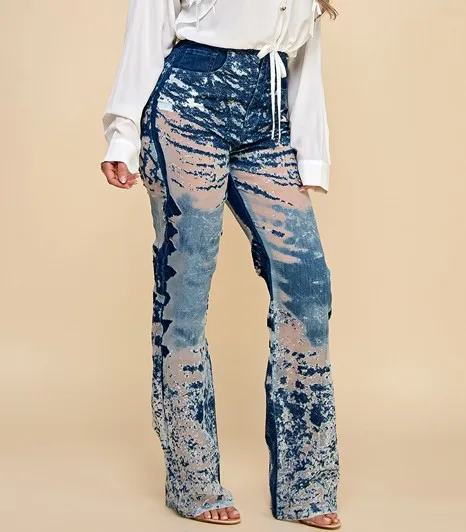 Women's Loose Denim Trousers Burned Flower Embellishment Y2k Style Casual Straight Festival Fashion For Music Parties Waist Logo