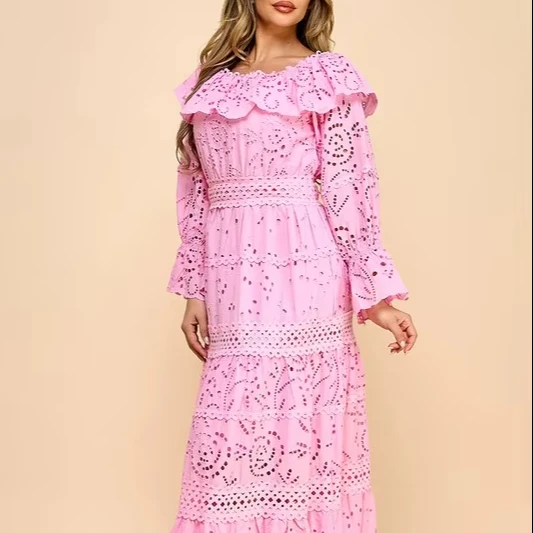 A Long Dress For Women Featuring Embroidered Cut-out Fabric, Multi-layered Lace, Ruffle Details, And A One-shoulder Neckline.