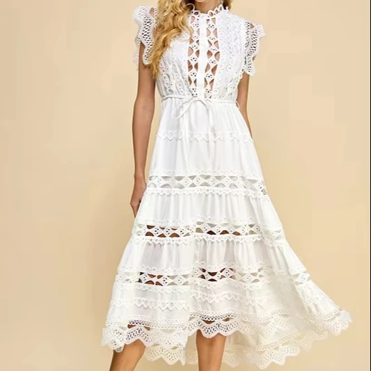 Women's Crochet Lace Maxi Dress With Button Decoration Hollow Out And Tie Waist Solid Pattern Boho Chic For Autumn Season