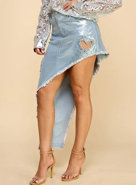 Women's Casual Style Burr Denim Skirt With Gold Silver Gilding Love Hollow Design For Street Fashion Activities Waist Logo