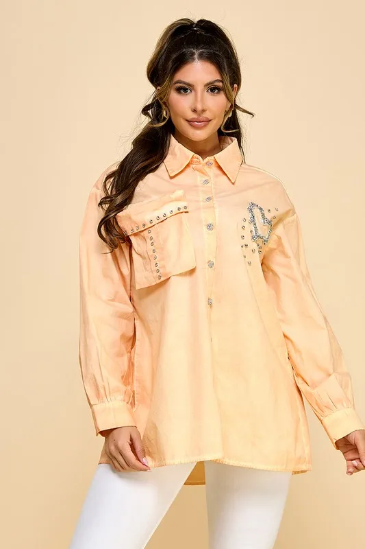 Ladies Cold Dye Single Pocket Heart Decoration Shirt