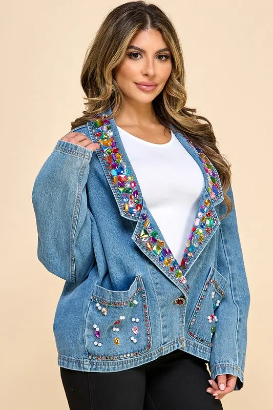 Women's Loose Denim Coat Coat Casual Street Dress Embroidery 3d Rhinestone Craft Autumn And Winter